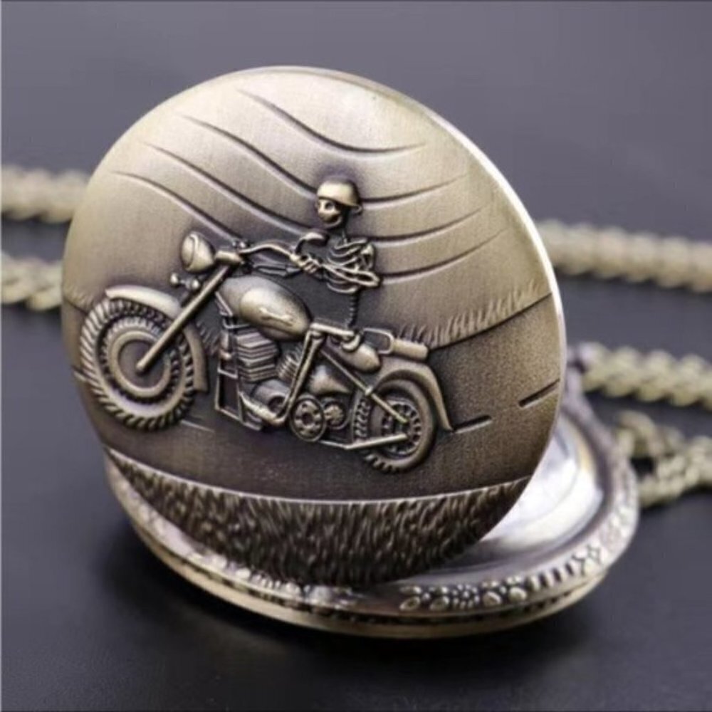 Pocket Watch Motorcycle Skeleton Biker Steampunk Chain Quartz Analog Retro Gift - Picture 4 of 16
